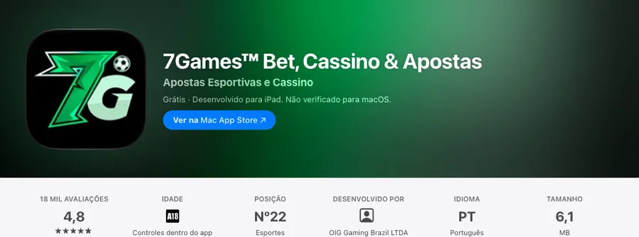 Ficha da 7Games na App Store, nota 4,8 de 5